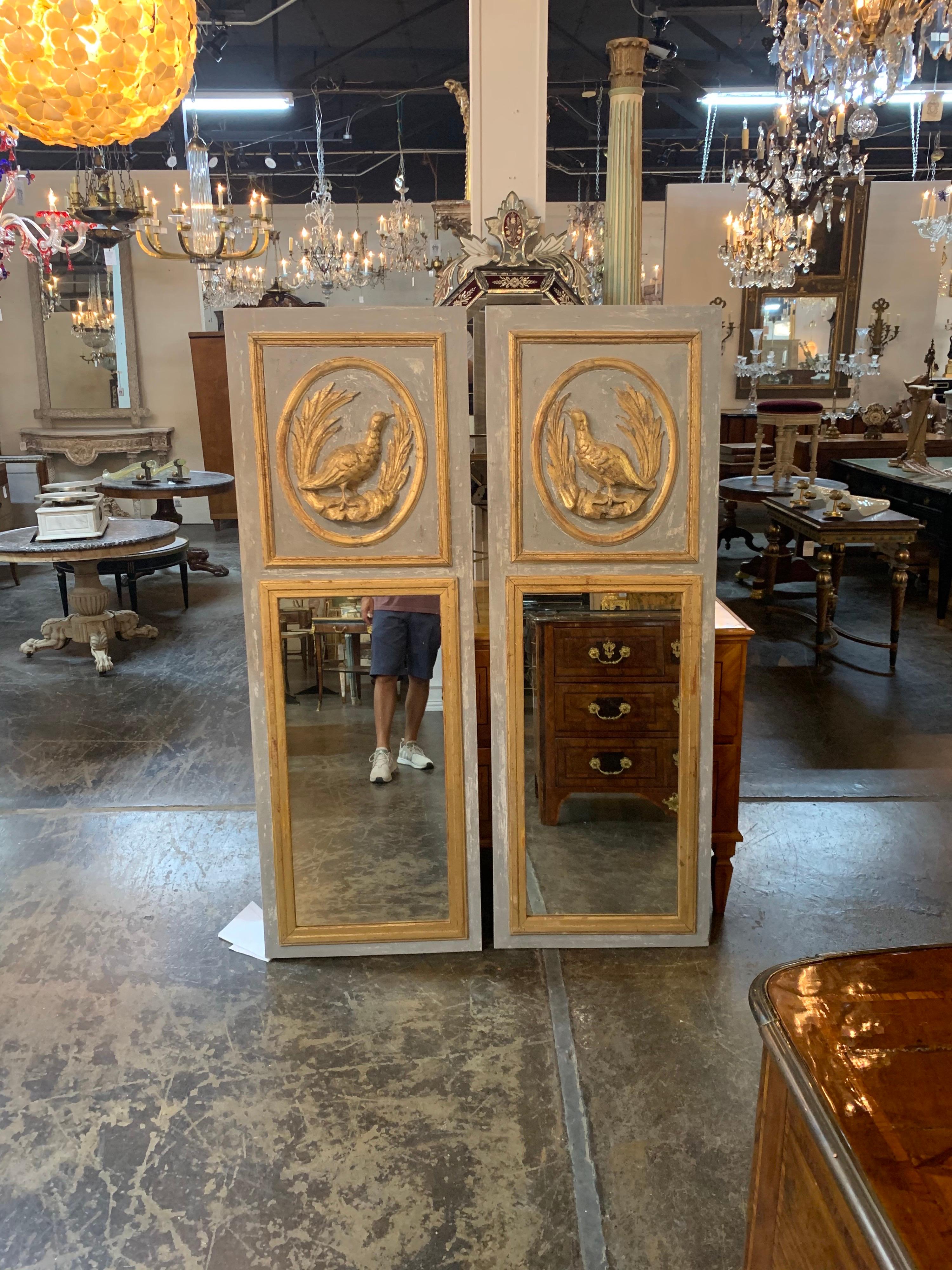 Pair of Italian Carved and Parcel-Gilt Trumeau Mirrors with Birds 1