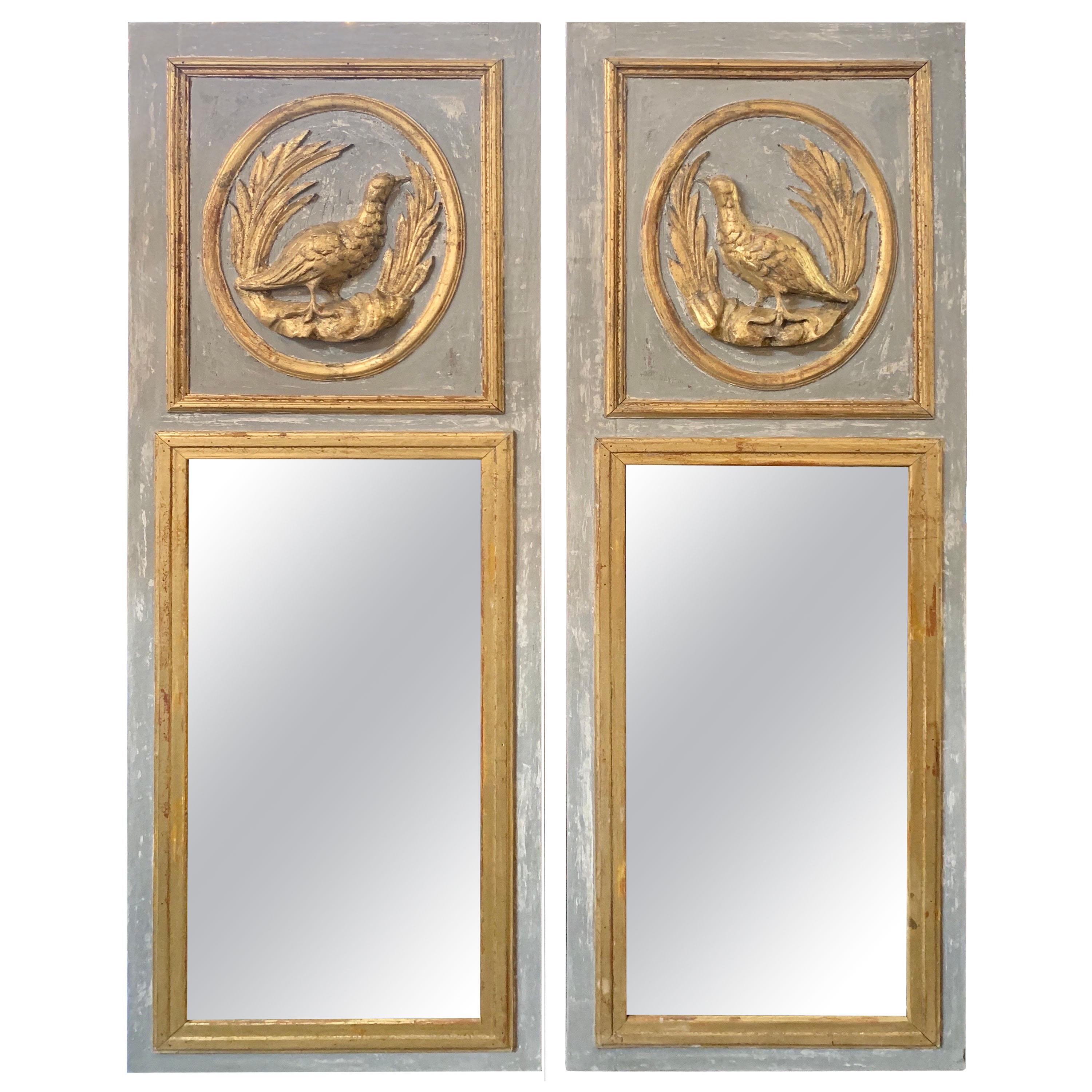Pair of Italian Carved and Parcel-Gilt Trumeau Mirrors with Birds