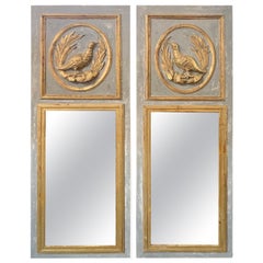 Pair of Italian Carved and Parcel-Gilt Trumeau Mirrors with Birds