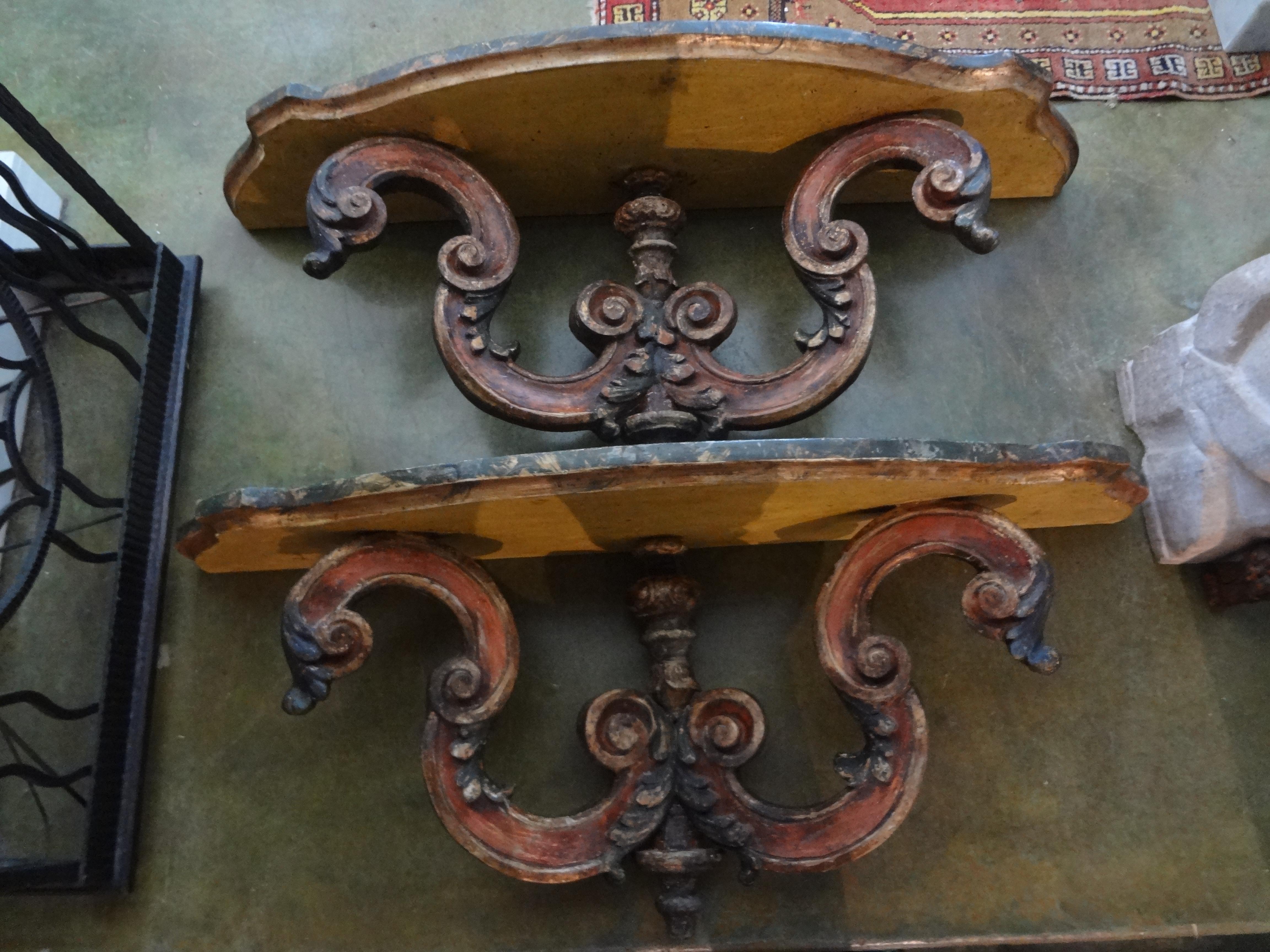 Polychromed Pair of Italian Carved and Polychrome Wall Brackets