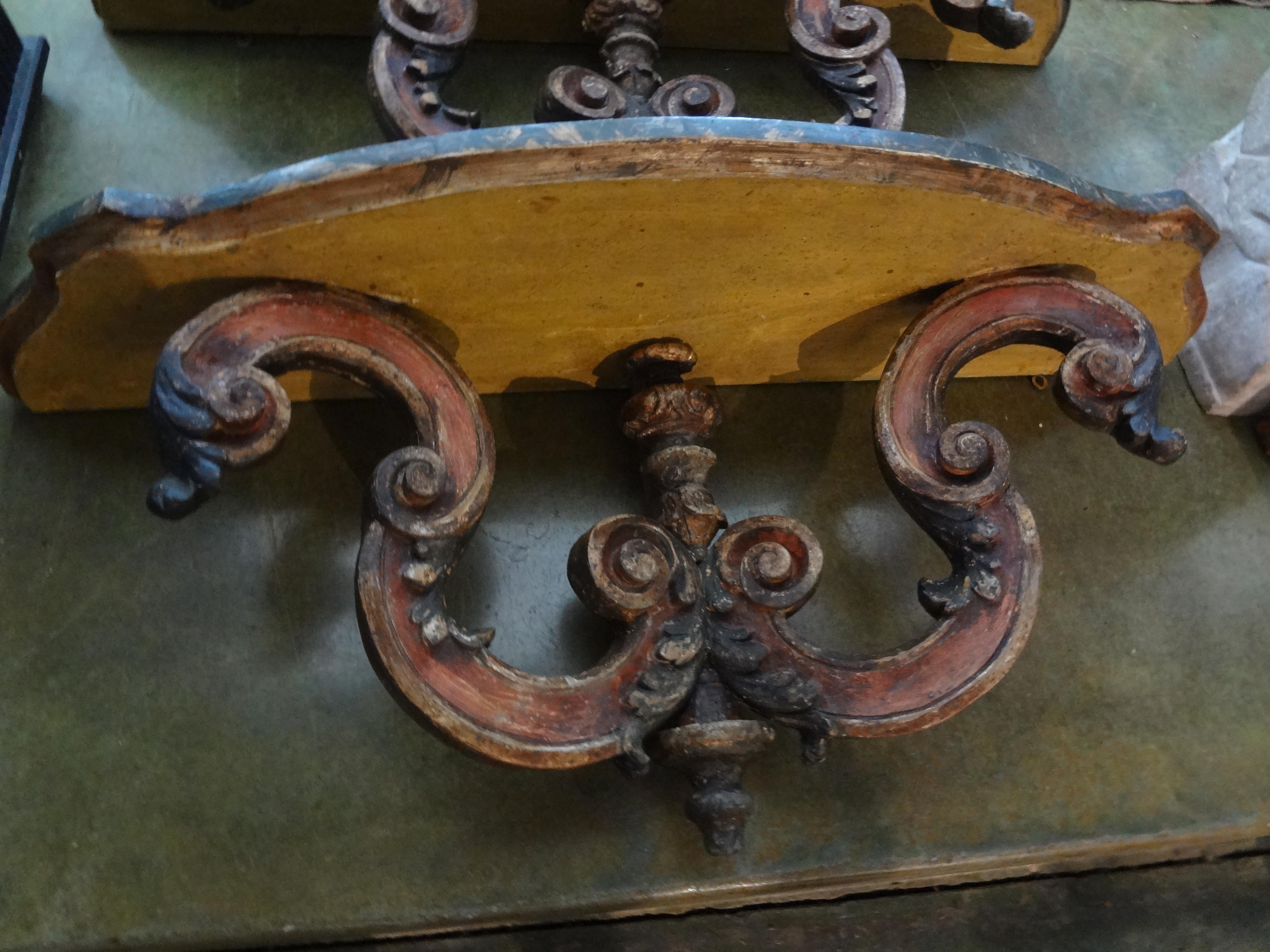 Wood Pair of Italian Carved and Polychrome Wall Brackets