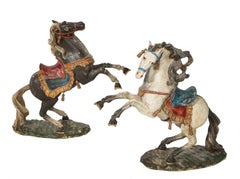 Pair of Italian Carved and Polychromed Wood Models of Rearing Horses