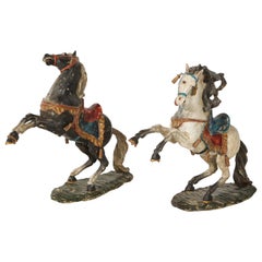 Pair of Italian Carved and Polychromed Wood Models of Rearing Horses