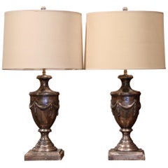 Pair of Italian Carved and Silver Leaf Two-Light Table Lamps