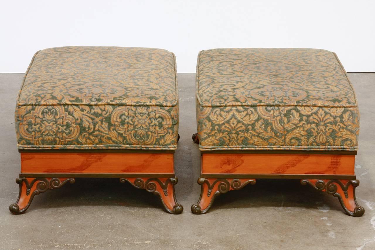 Neoclassical Pair of Italian Carved and Upholstered Ottoman Benches