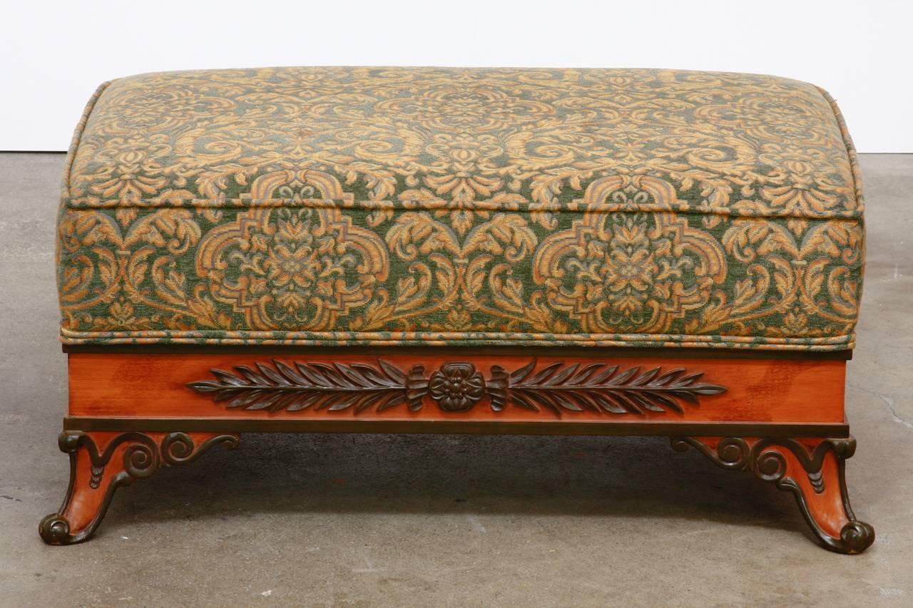 Hand-Crafted Pair of Italian Carved and Upholstered Ottoman Benches