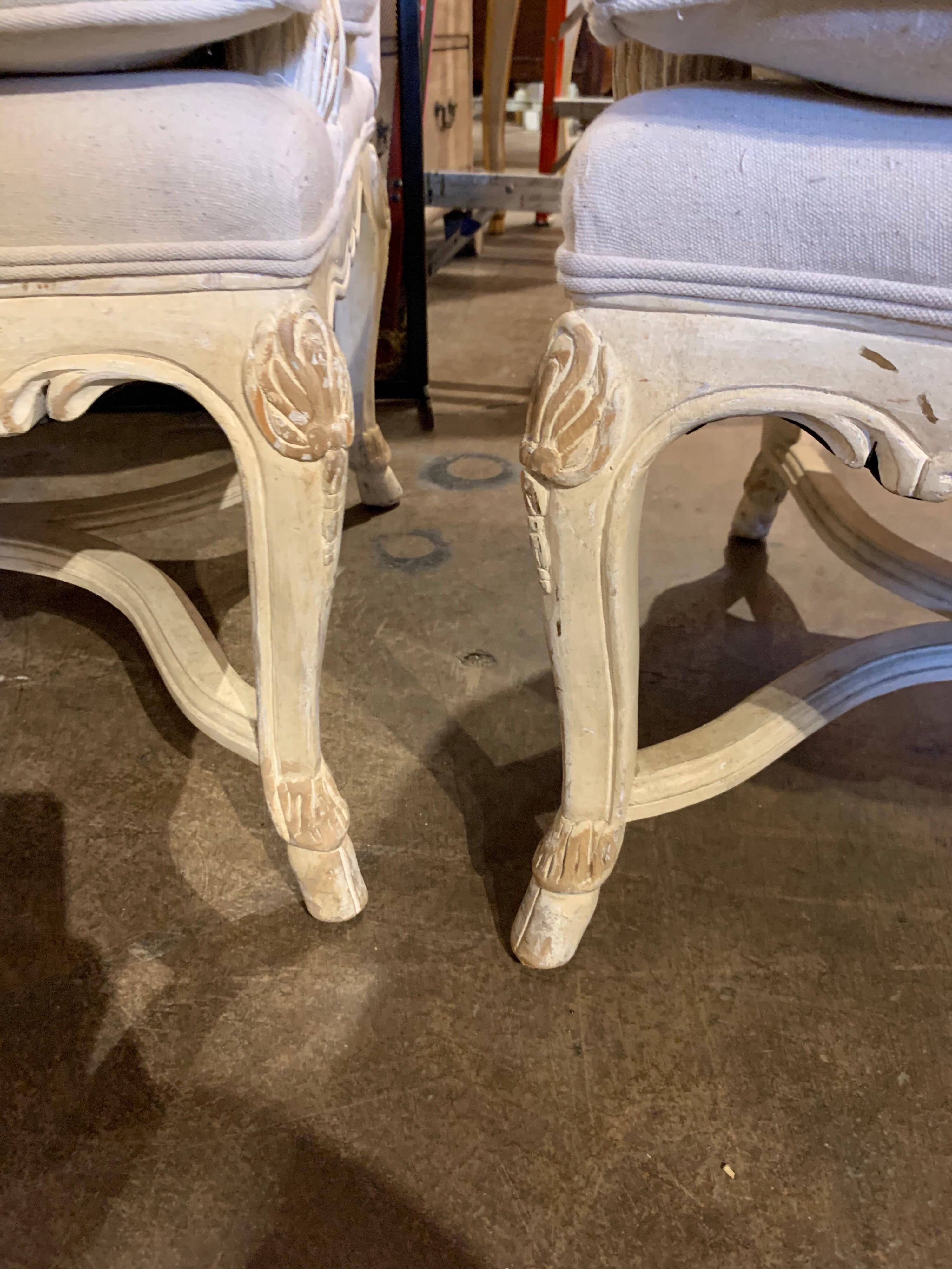 Contemporary Pair of Italian Carved and White Washed Bergères
