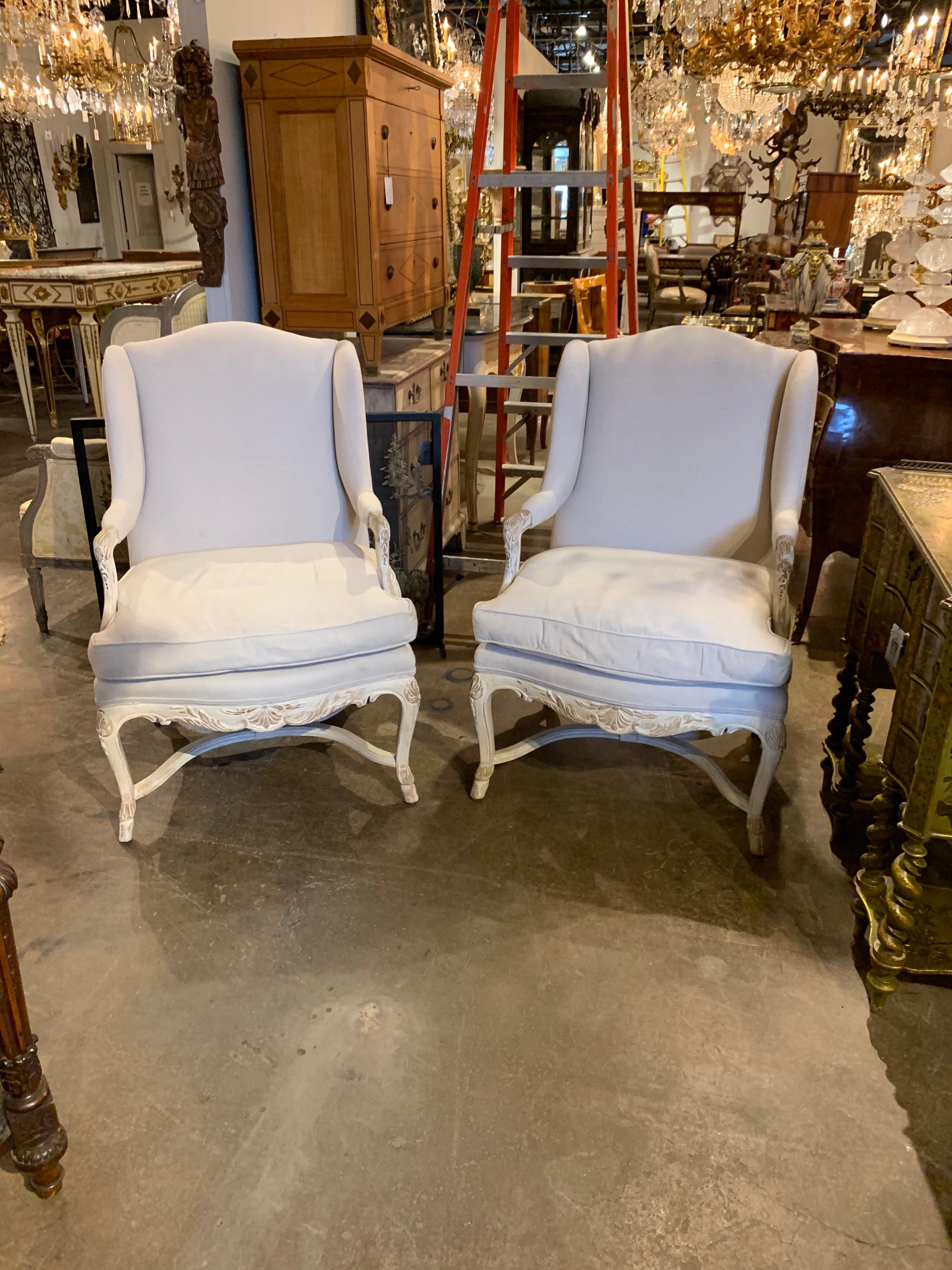 Pair of Italian Carved and White Washed Bergères 2