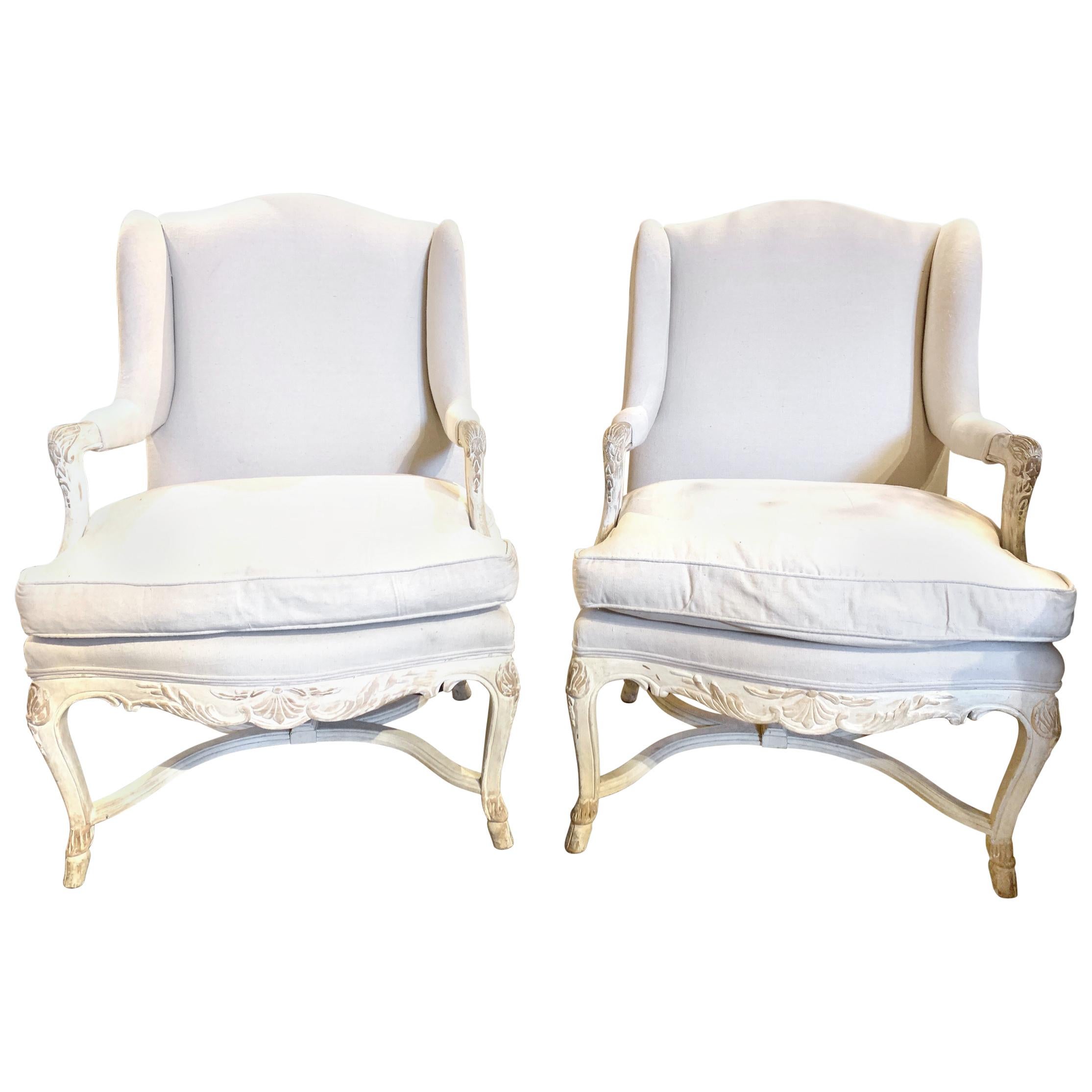 Pair of Italian Carved and White Washed Bergères
