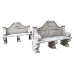 Pair of Italian Carved Arched Back Limestone Garden Benches with Volute Supports