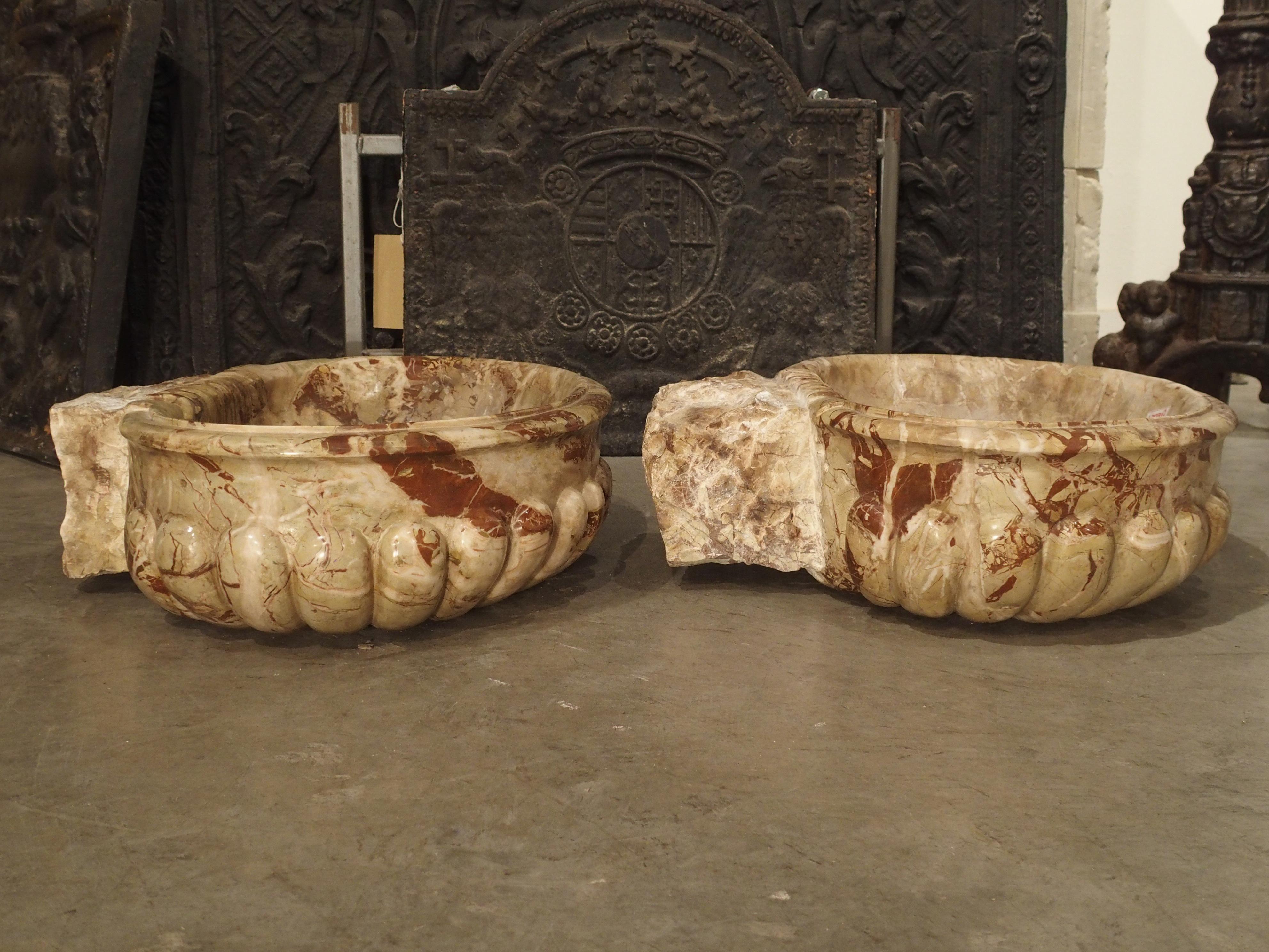 Pair of Italian Carved Breccia Pontificha Marble Sinks 5
