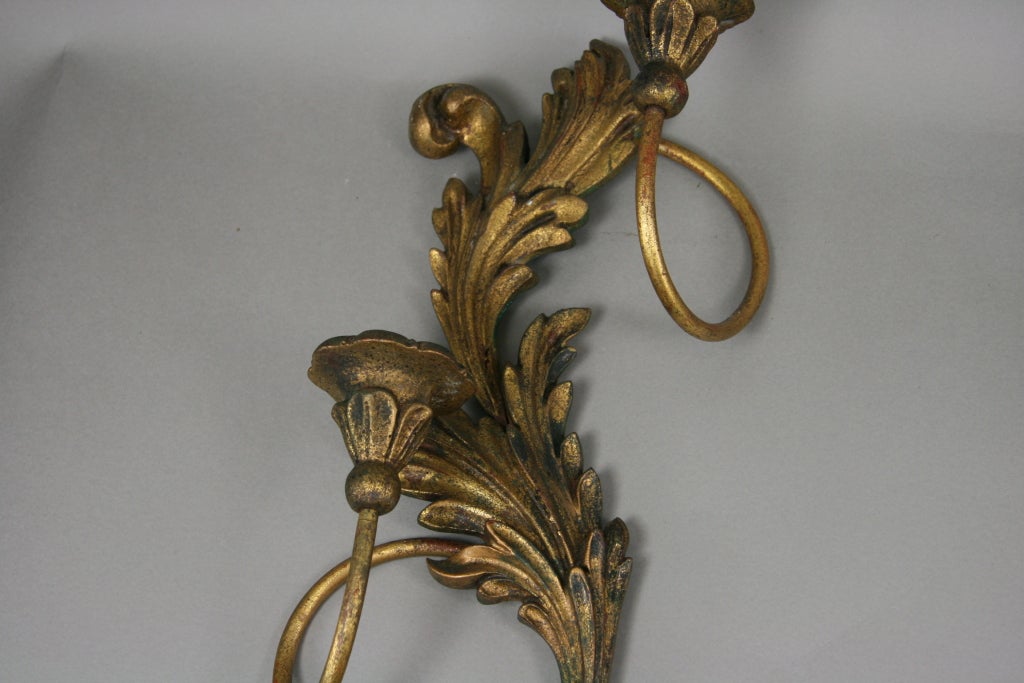 Brass Matched Pair of Italian Carved Wood  Candle Sconces