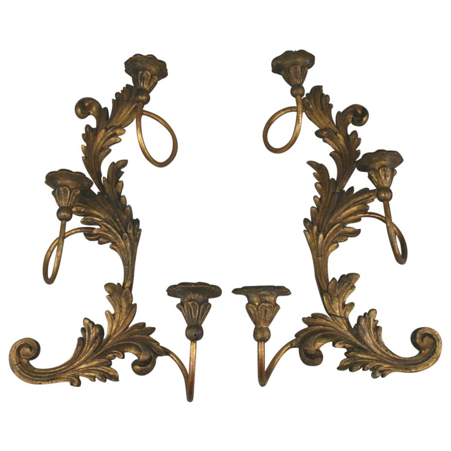 Matched Pair of Italian Carved Wood  Candle Sconces