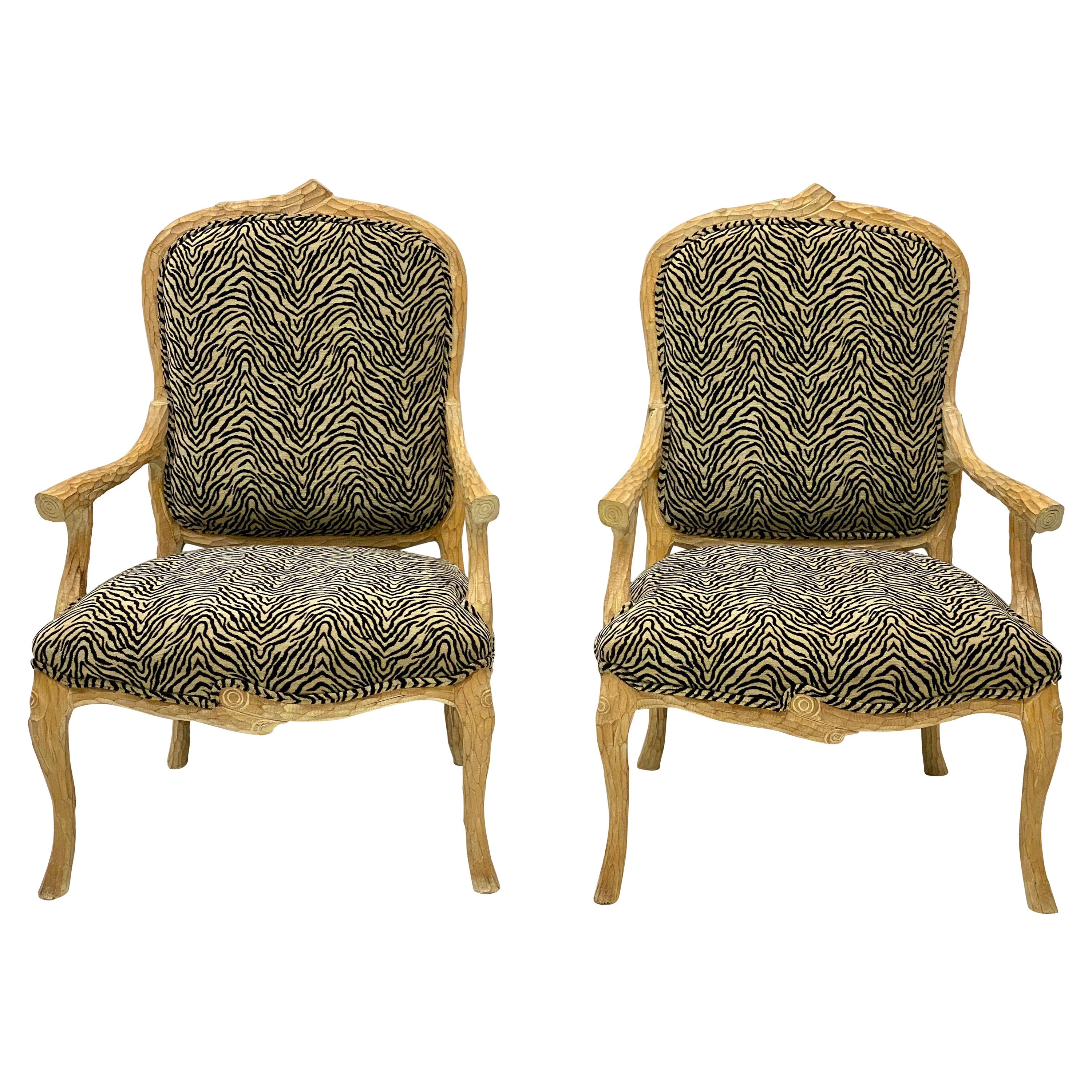 Italian Carved Faux Bois Cerused Bergère Chairs In Zebra Fabric - Pair  For Sale