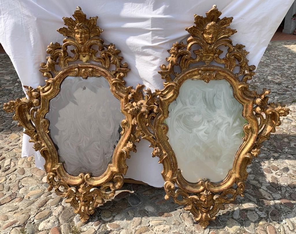 Rococo Pair of Italian Carved Gilded Mirrors, Italy, 18th Century Rococò For Sale