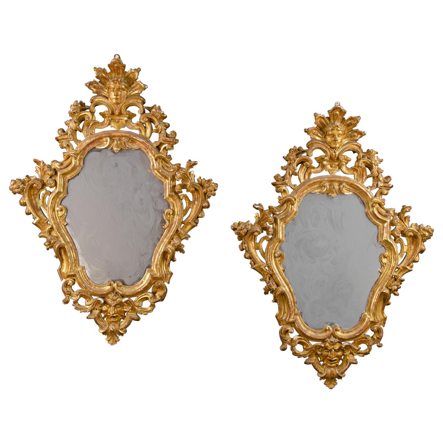 Pair of Italian Carved Gilded Mirrors, Italy, 18th Century Rococò For Sale