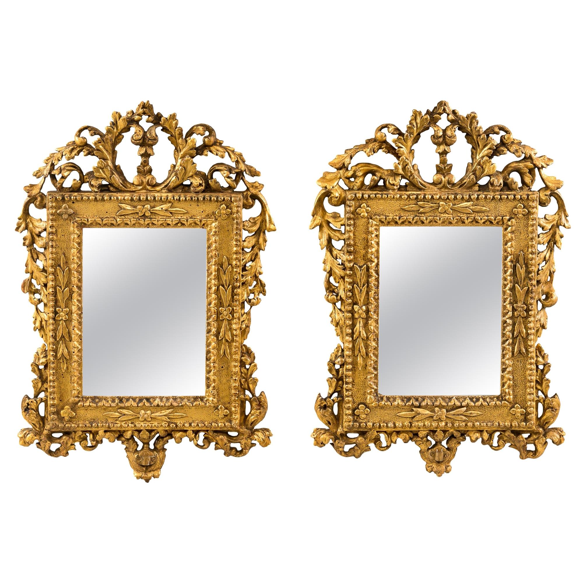 Pair of Italian Carved Gilded Mirrors, Italy, 18th Century, Rome Venice Glass