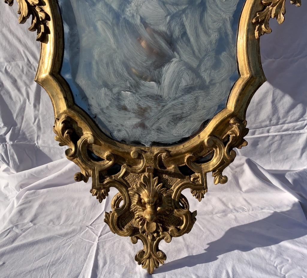 Pair of Italian Carved Gilded Wood Mirrors. Rome 18th Century, Venice Rococo For Sale 7