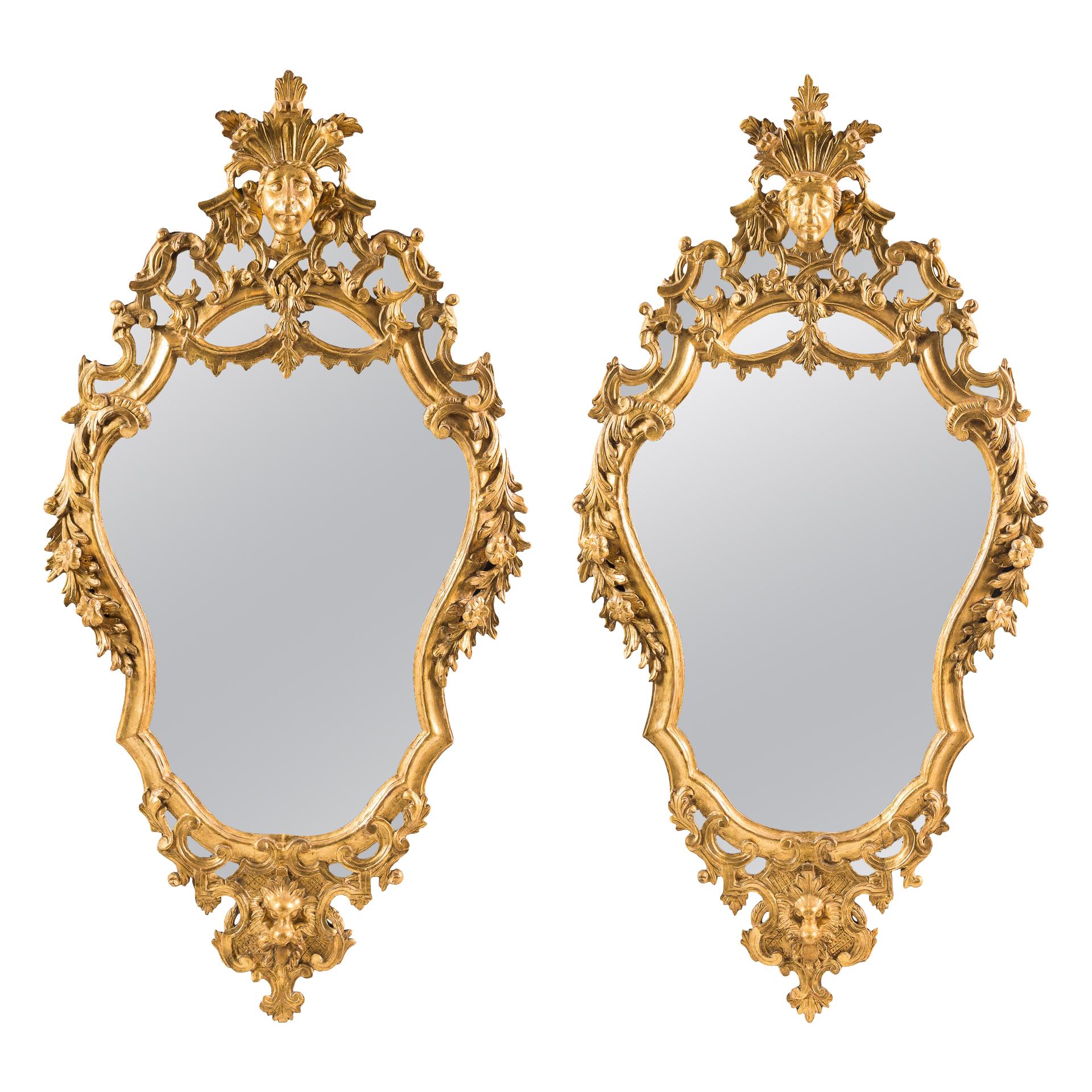 Pair of Italian Carved Gilded Wood Mirrors. Rome 18th Century, Venice Rococo For Sale