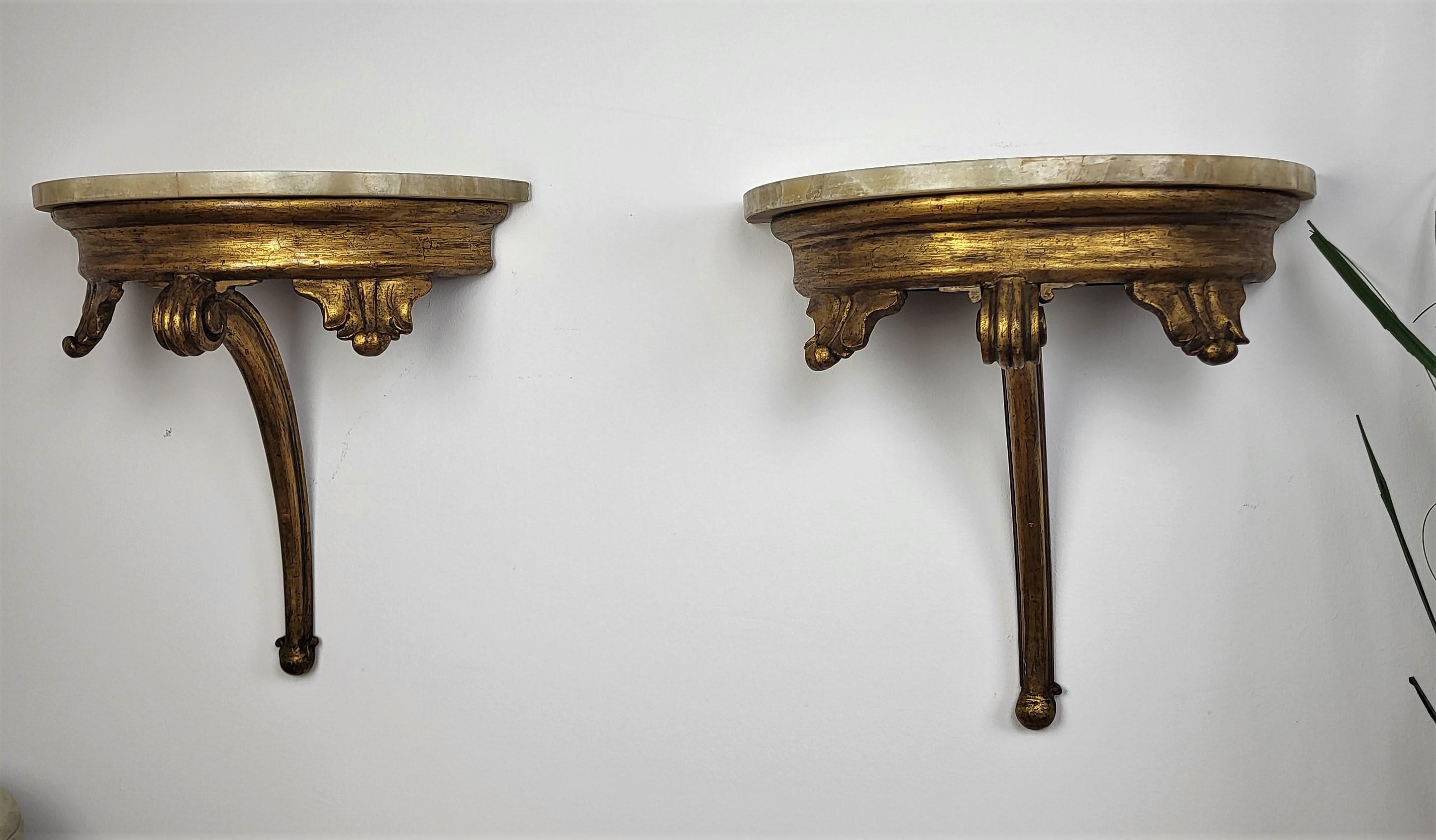 20th Century Pair of Italian Carved Gilt Wood and Marble Wall-Mounted Conosole or Nightstand