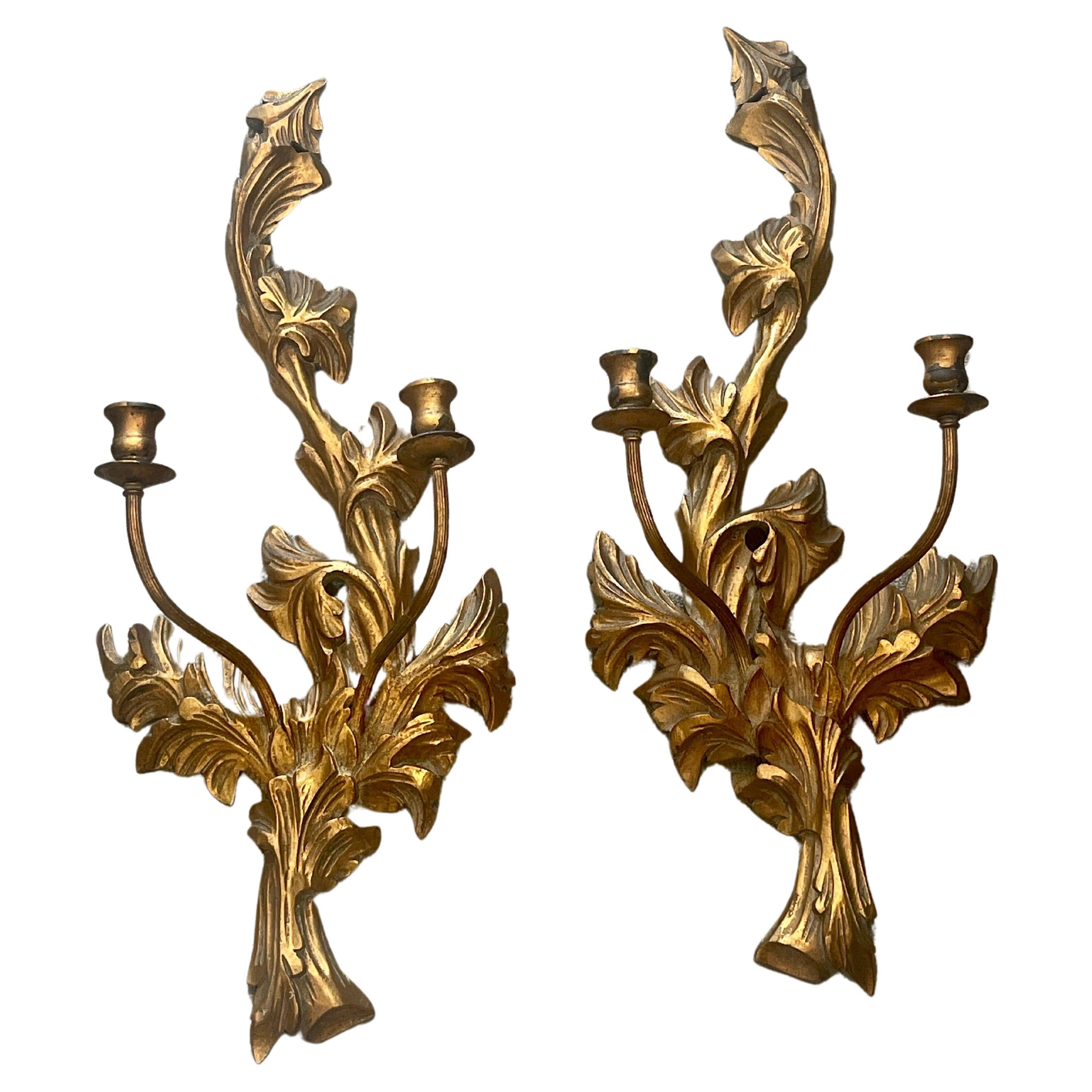 Pair of Italian Carved & Gilt Wood Candle Wall Sconces