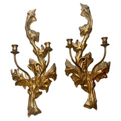 Vintage Pair of Italian Carved & Gilt Wood Candle Wall Sconces