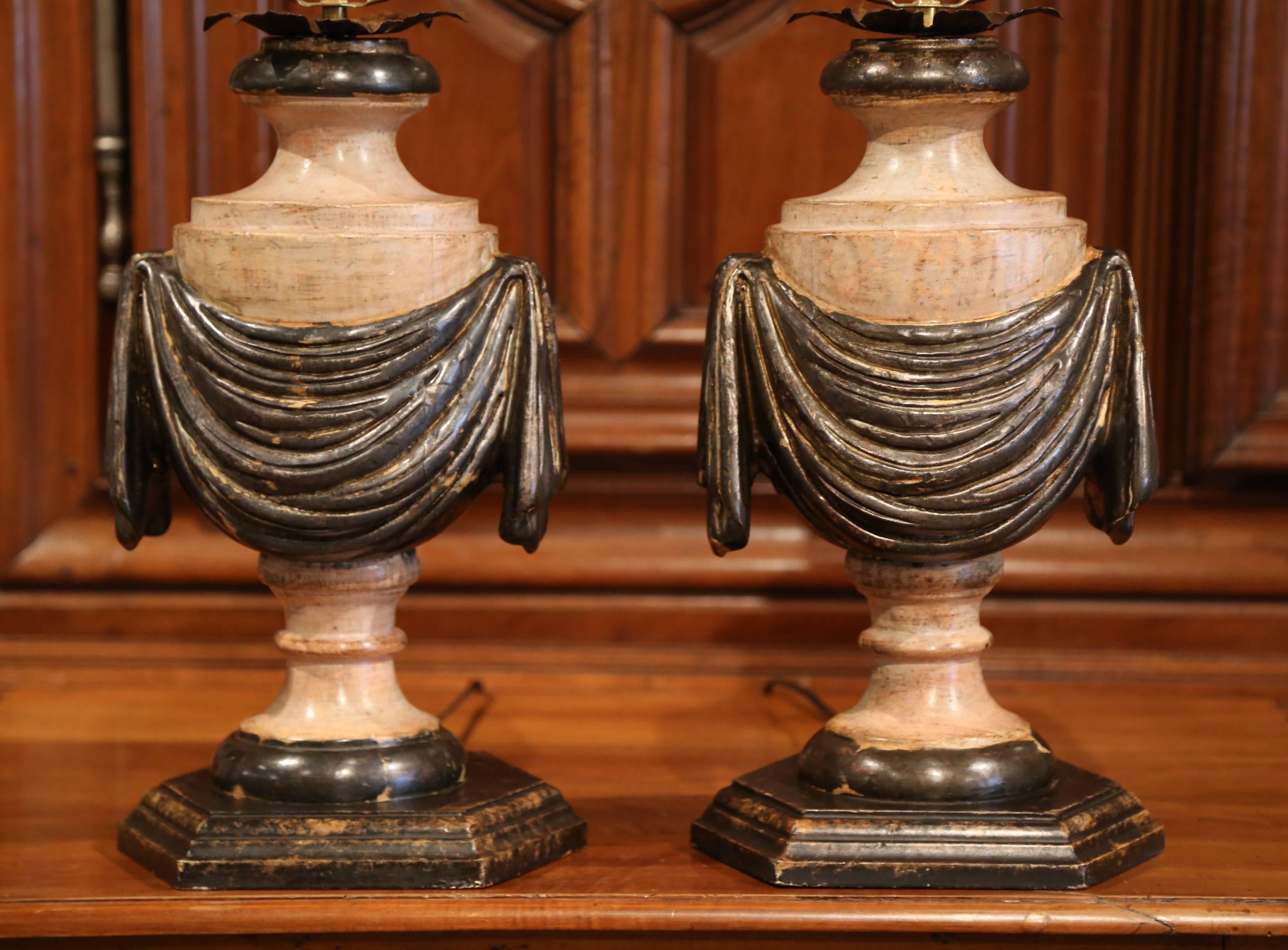 Neoclassical Pair of Italian Carved Lamp Bases with Polychrome Antique Painted Finish