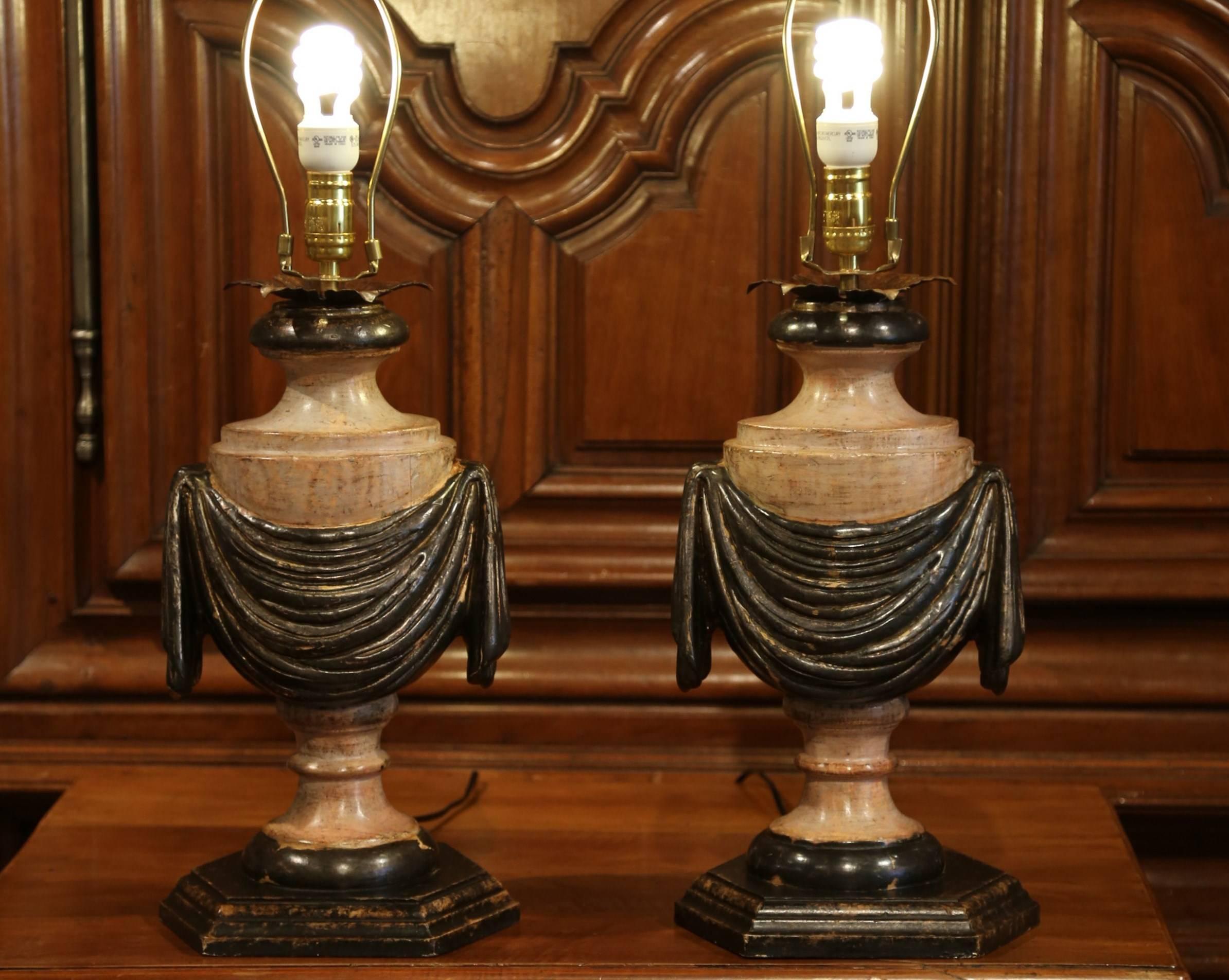 Polychromed Pair of Italian Carved Lamp Bases with Polychrome Antique Painted Finish