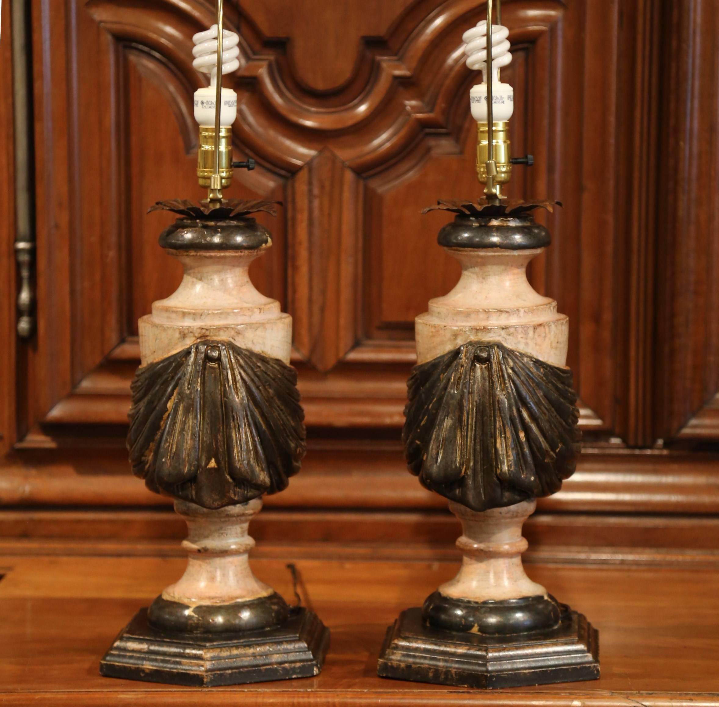 Wood Pair of Italian Carved Lamp Bases with Polychrome Antique Painted Finish