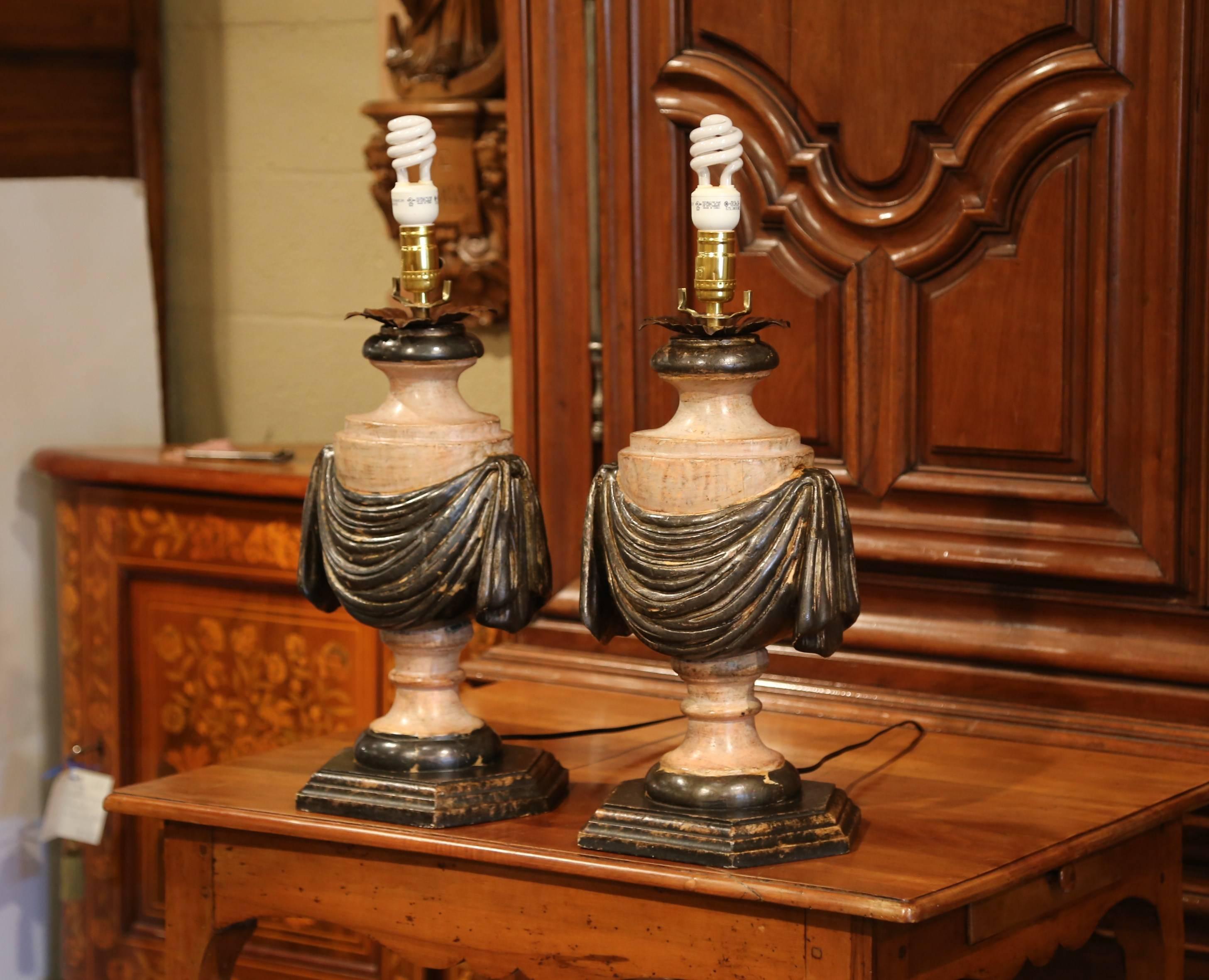Pair of Italian Carved Lamp Bases with Polychrome Antique Painted Finish 1