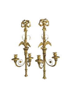 Pair of Italian Gilt Bronze Wall Sconces with Eagles and Ribbon Bows