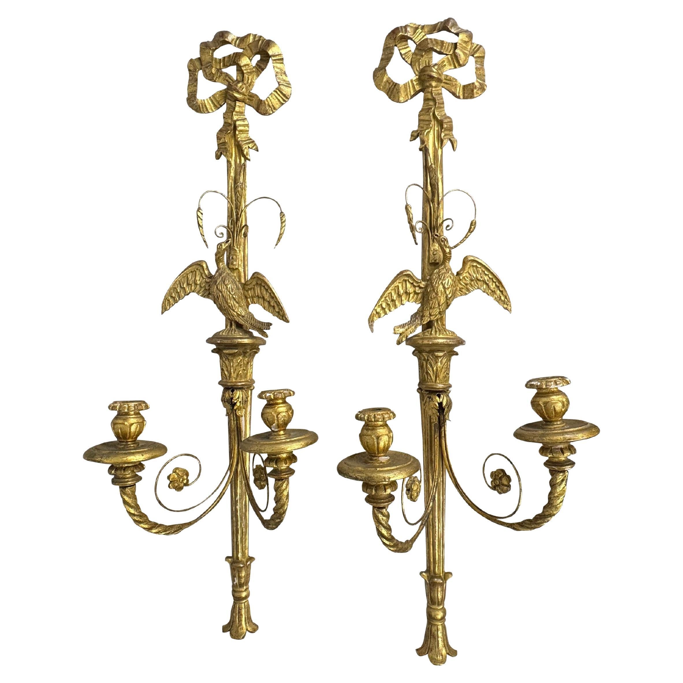 Pair of Italian Carved Large and Giltwood Two-Light Sconces