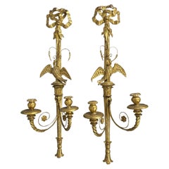 Pair of Italian Carved Large and Giltwood Two-Light Sconces