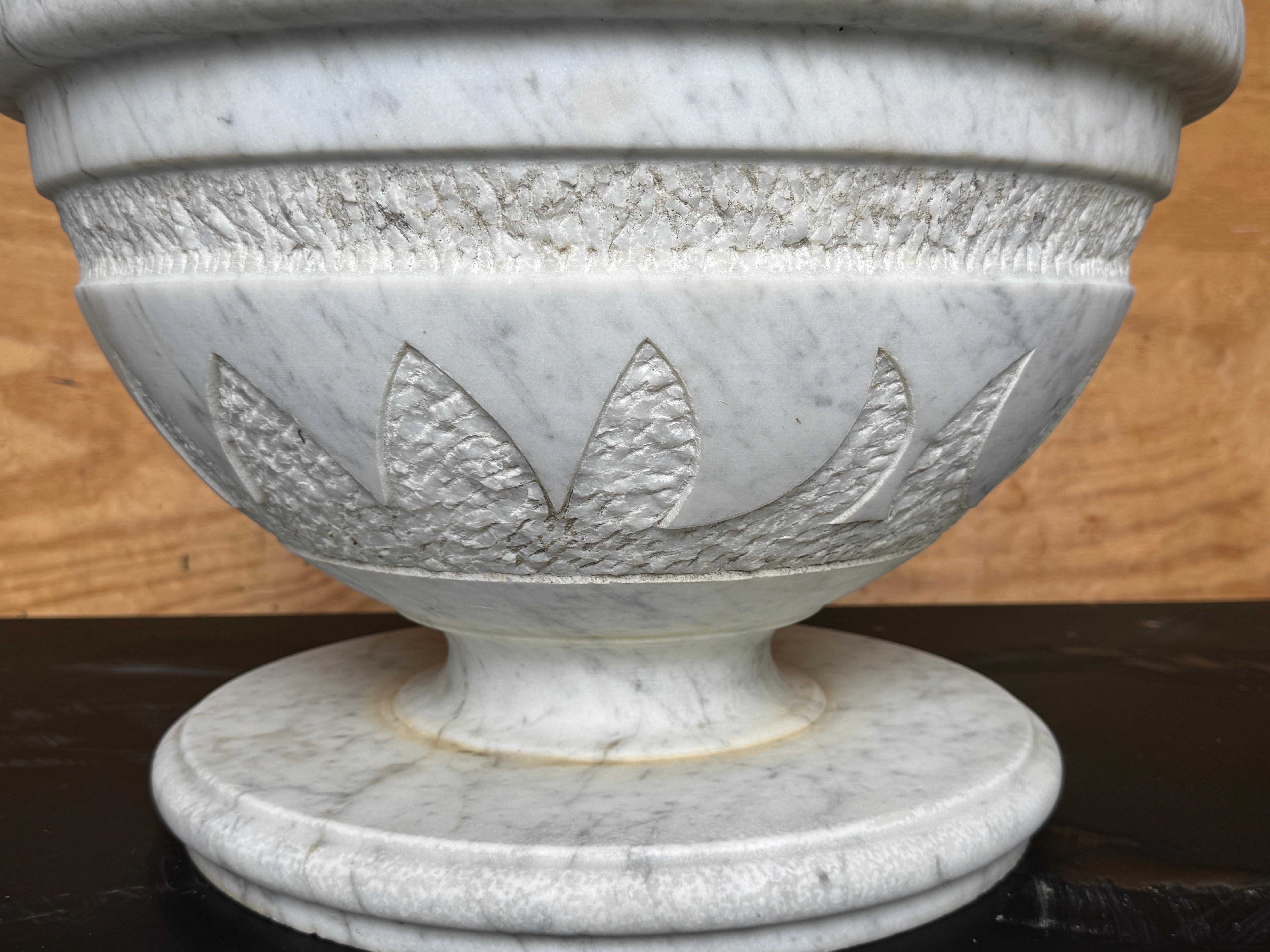 Pair of Italian Carved Marble Neoclassical Urns with Lotus Motif, Four Available (20. Jahrhundert) im Angebot