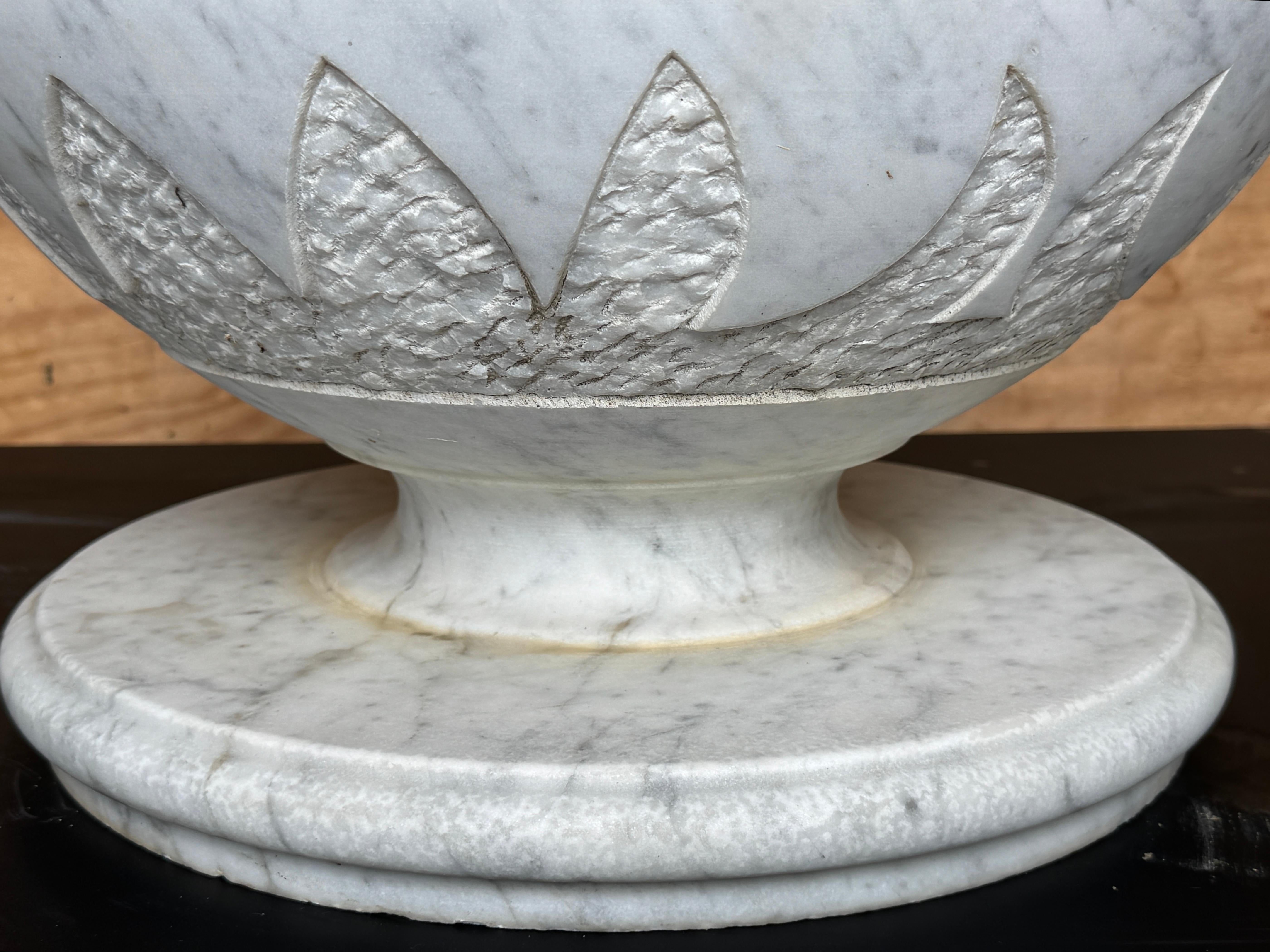 Pair of Italian Carved Marble Neoclassical Urns with Lotus Motif, Four Available (Carrara-Marmor) im Angebot