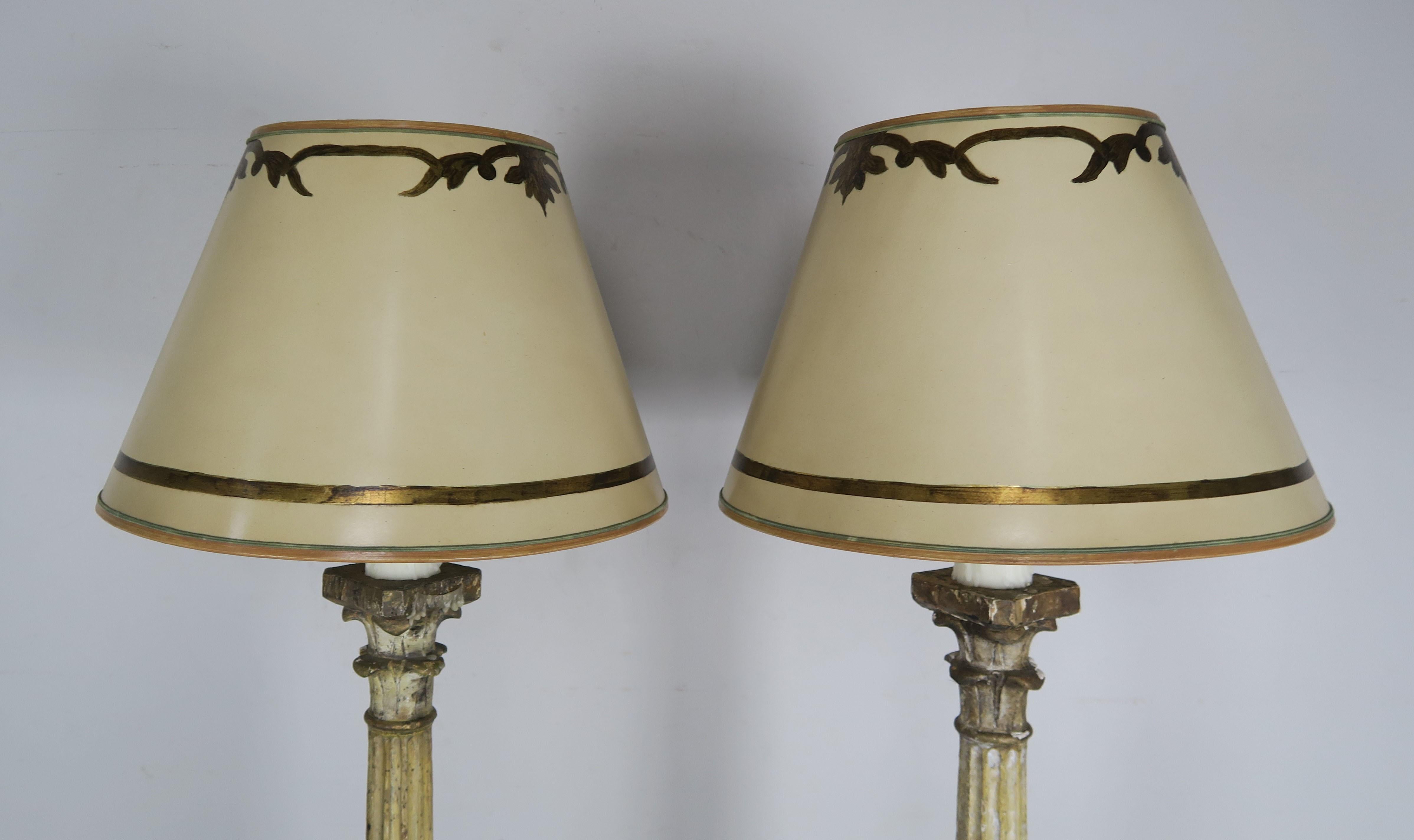 Pair of Italian Carved Neoclassical Style Lamps with Parchment Shades For Sale 1