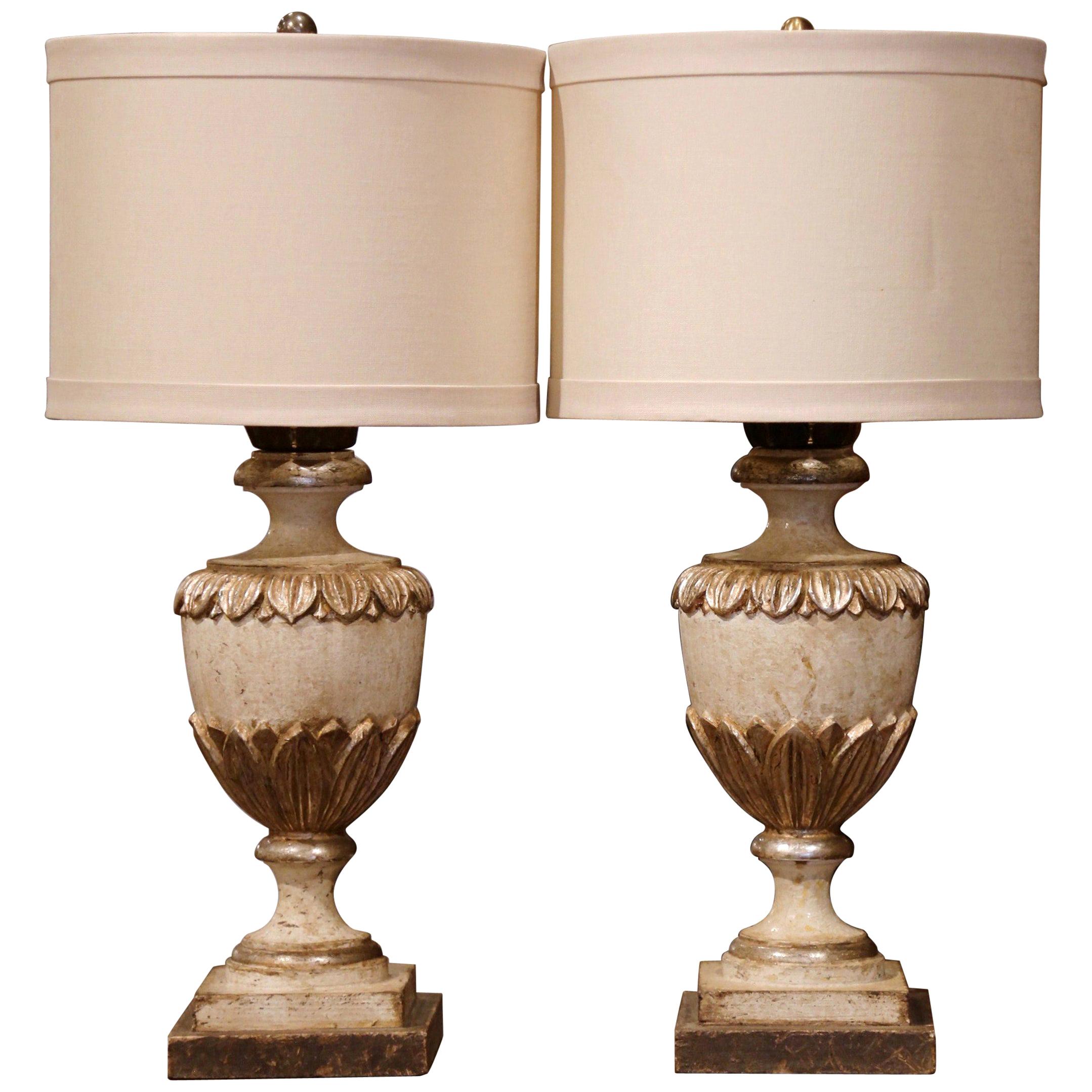 Pair of Italian Carved Oak Polychrome and Painted Urn Table Lamps