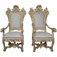 Pair of Italian Carved Painted Armchairs, 19th Century