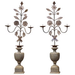 Pair of Italian Carved Painted Wood and Iron Two-Light Candle Holders