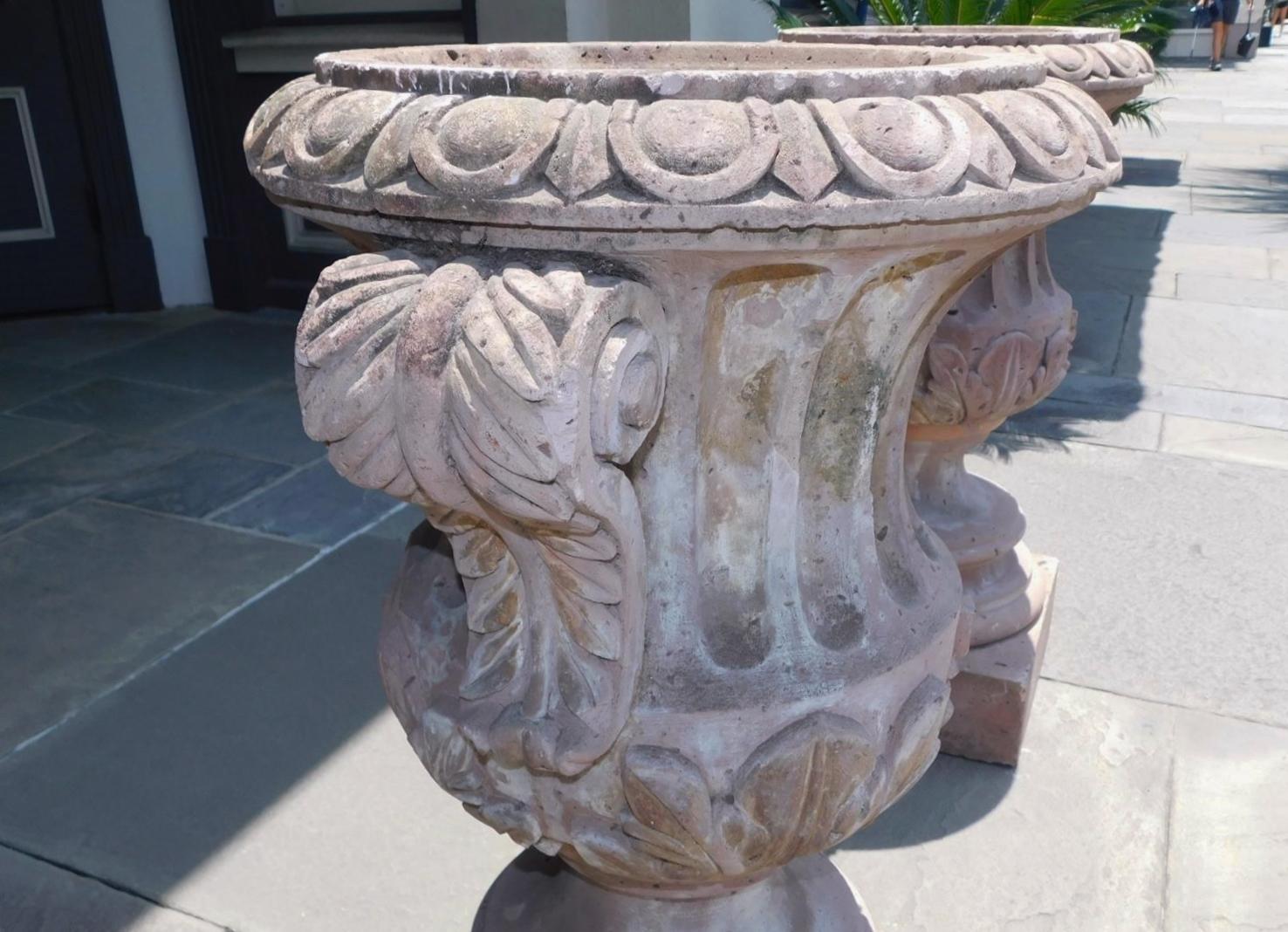 Pair of Italian Carved Sandstone Fluted Campagna Form Garden Urns.  Circa 1800 For Sale 5