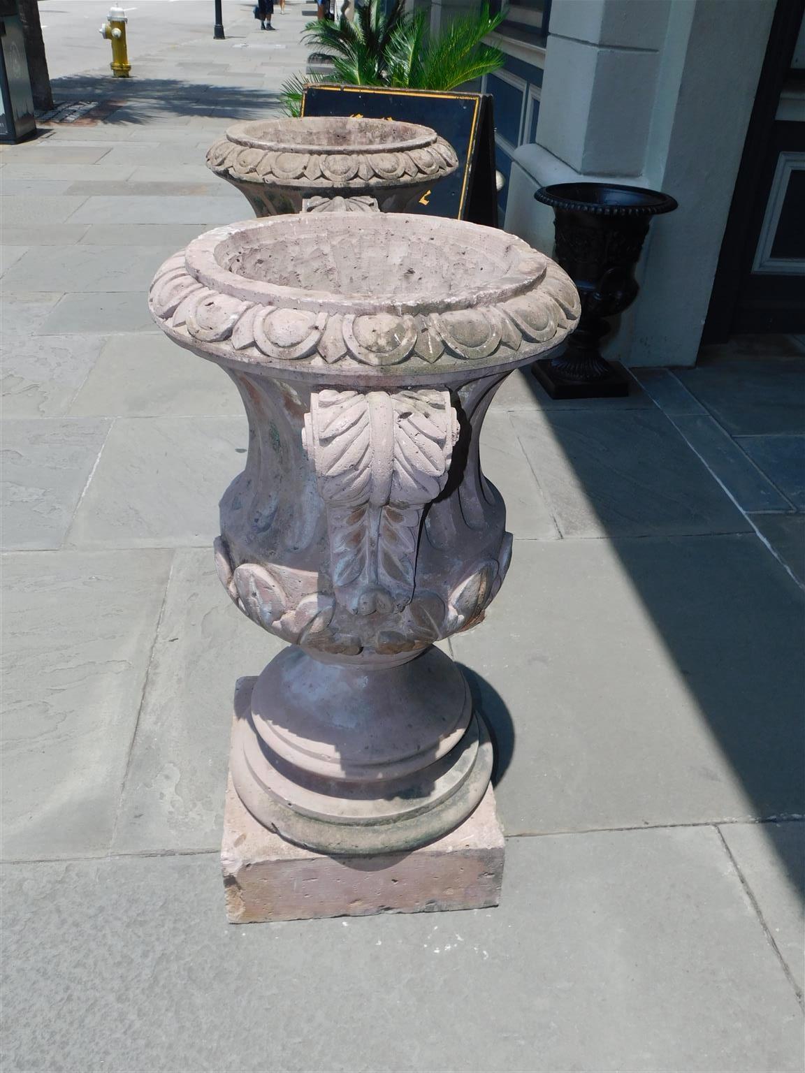 Pair of Italian Carved Sandstone Fluted Campagna Form Garden Urns.  Circa 1800 For Sale 9