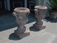 Pair of Italian Carved Sandstone Fluted Campagna Form Garden Urns.  Circa 1800