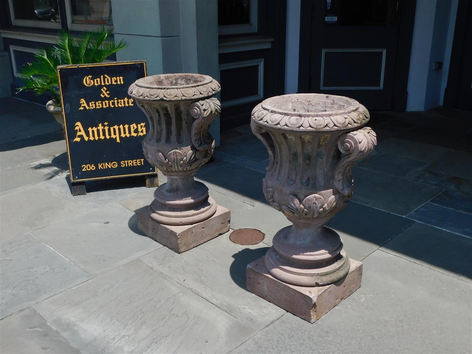 Neoclassical Pair of Italian Carved Sandstone Fluted Campagna Form Garden Urns.  Circa 1800 For Sale