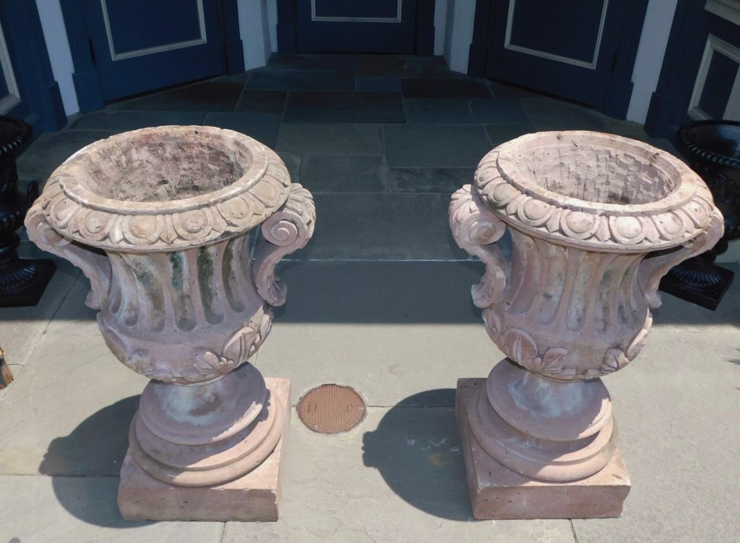 Hand-Carved Pair of Italian Carved Sandstone Fluted Campagna Form Garden Urns.  Circa 1800 For Sale