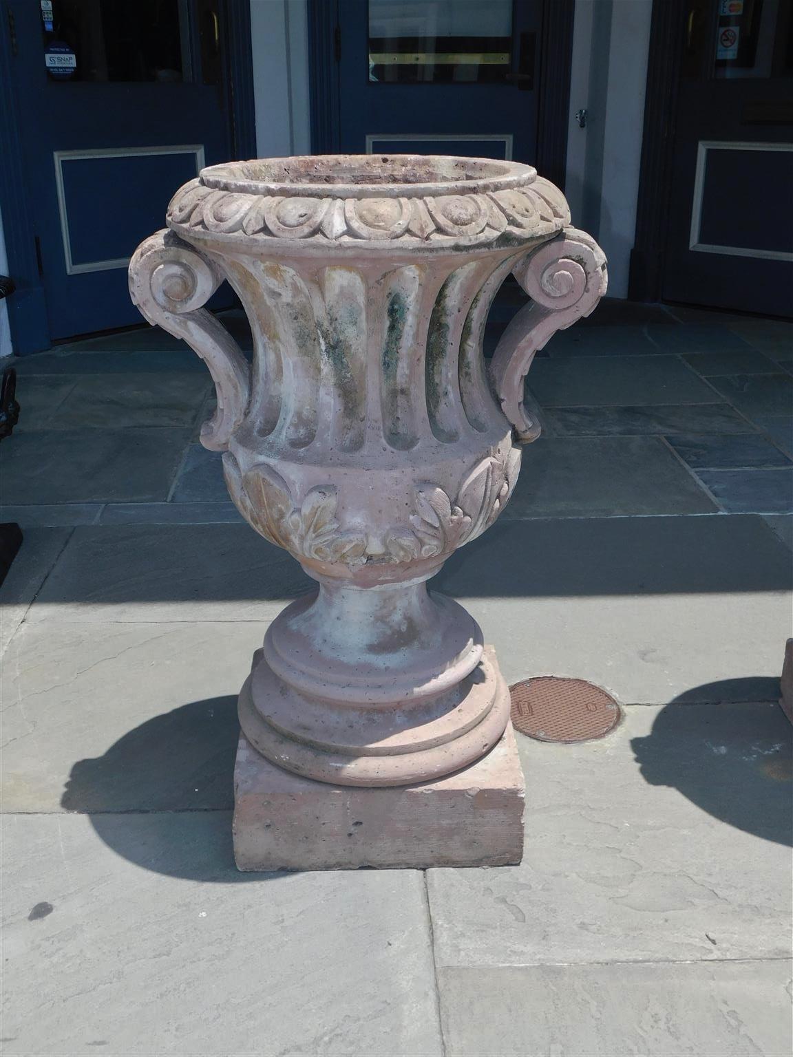 Pair of Italian Carved Sandstone Fluted Campagna Form Garden Urns.  Circa 1800 In Excellent Condition For Sale In Hollywood, SC