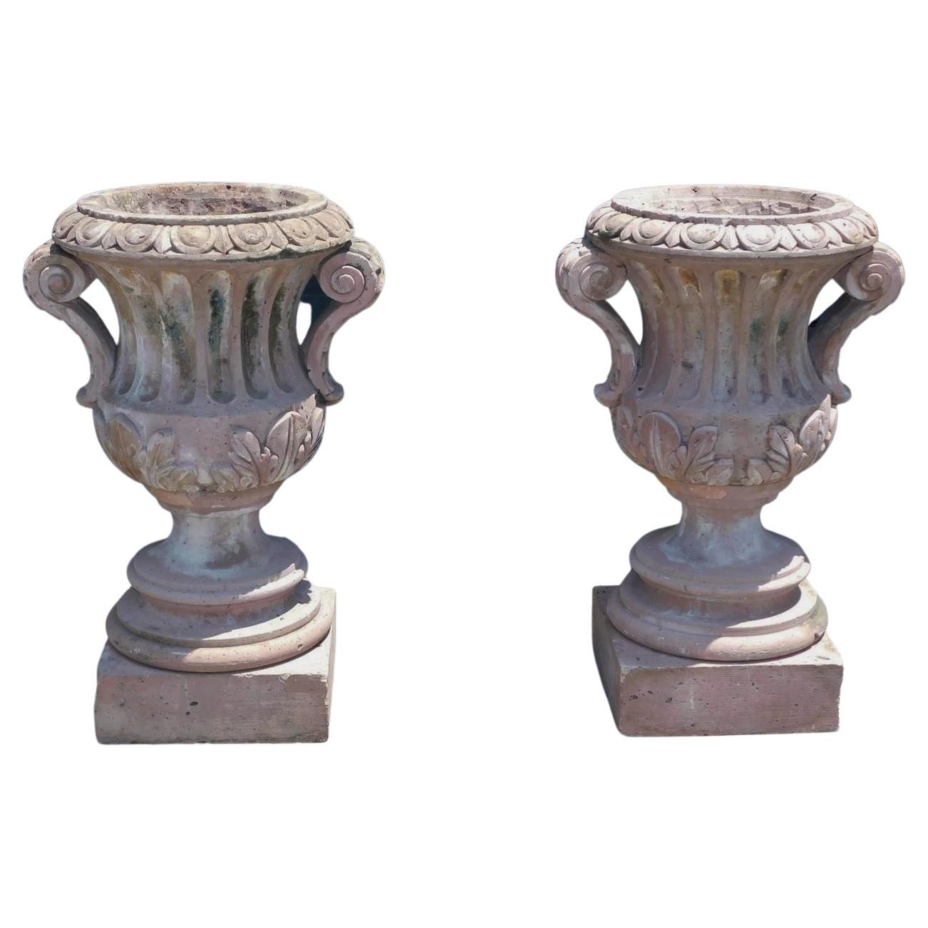 Pair of Italian Carved Sandstone Fluted Campagna Form Garden Urns.  Circa 1800
