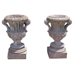 Antique Pair of Italian Carved Sandstone Fluted Campagna Form Garden Urns.  Circa 1800
