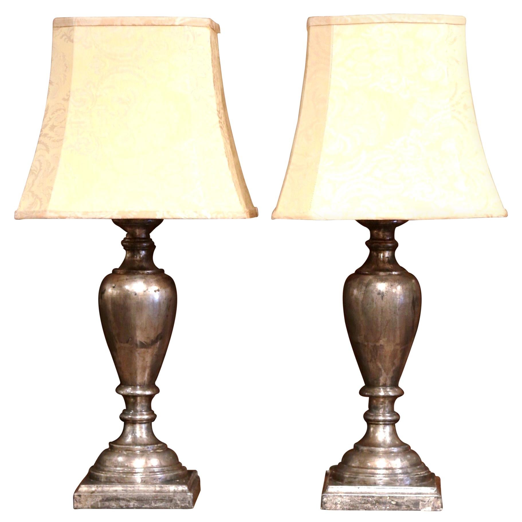 Pair of Italian Carved Silver Leaf Two-Light Urn Table Lamps