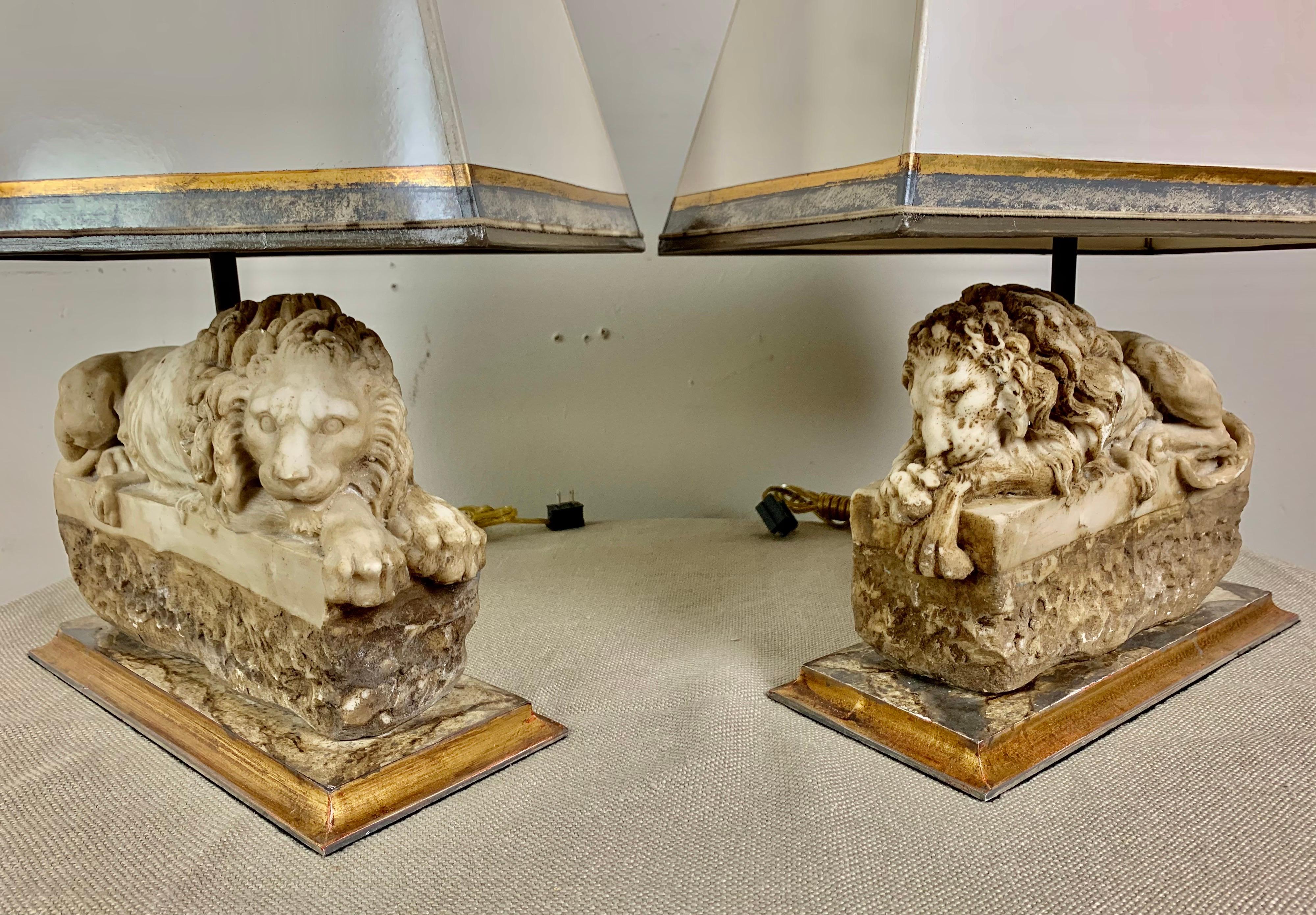 Pair of Italian Carved Stone Lion Lamps with Parchment Shades 3