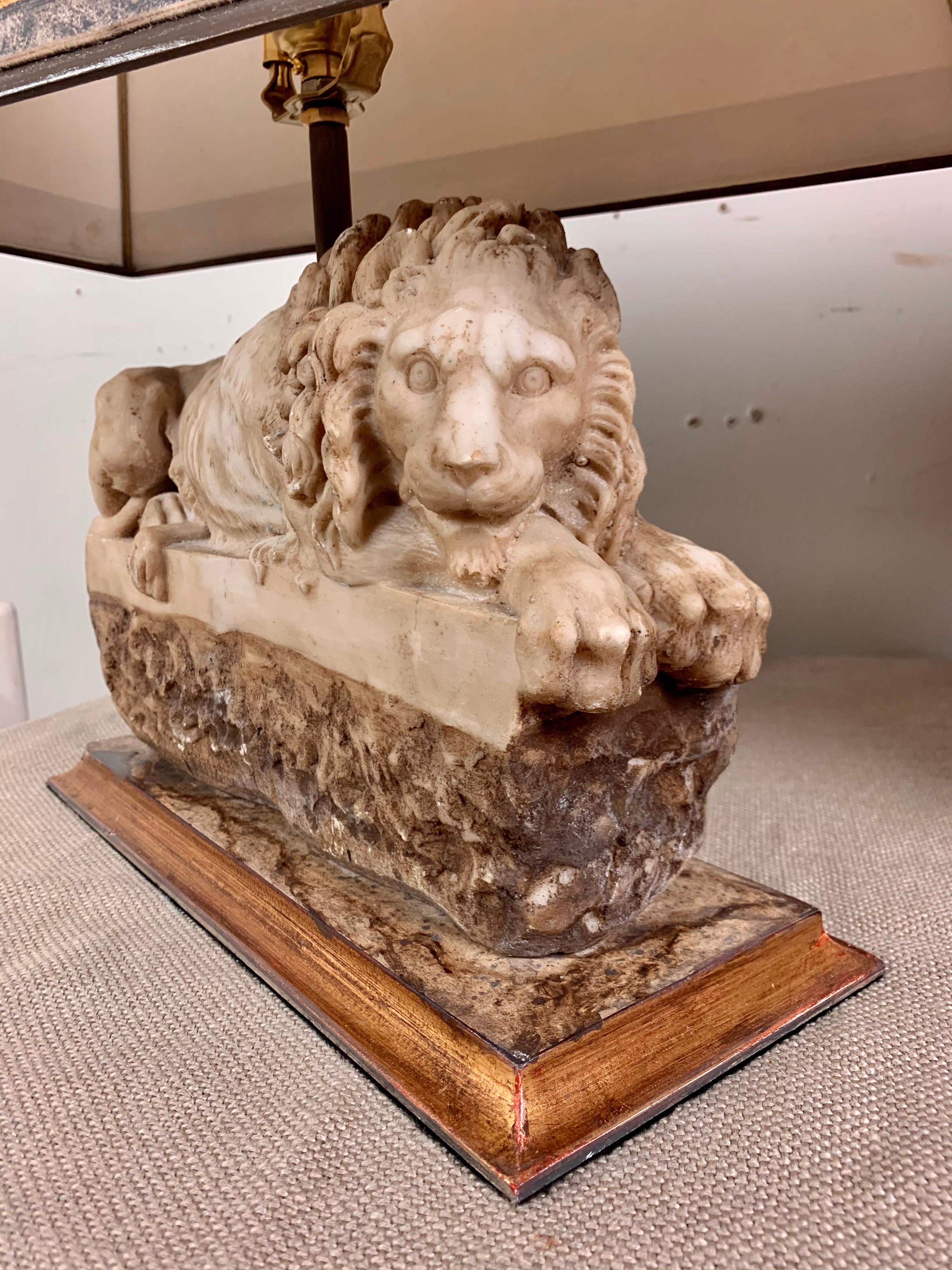 Pair of Italian Carved Stone Lion Lamps with Parchment Shades 2